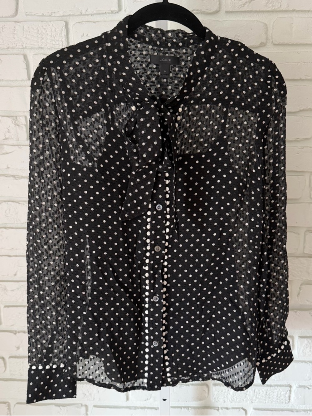 J.Crew Black Silk Polka Dot Tie Neck Blouse Size 0
